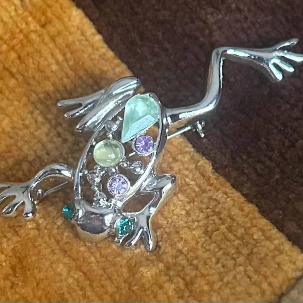Vintage Silver Frog Brooch/Pendant with Multi-colored Rhinestones